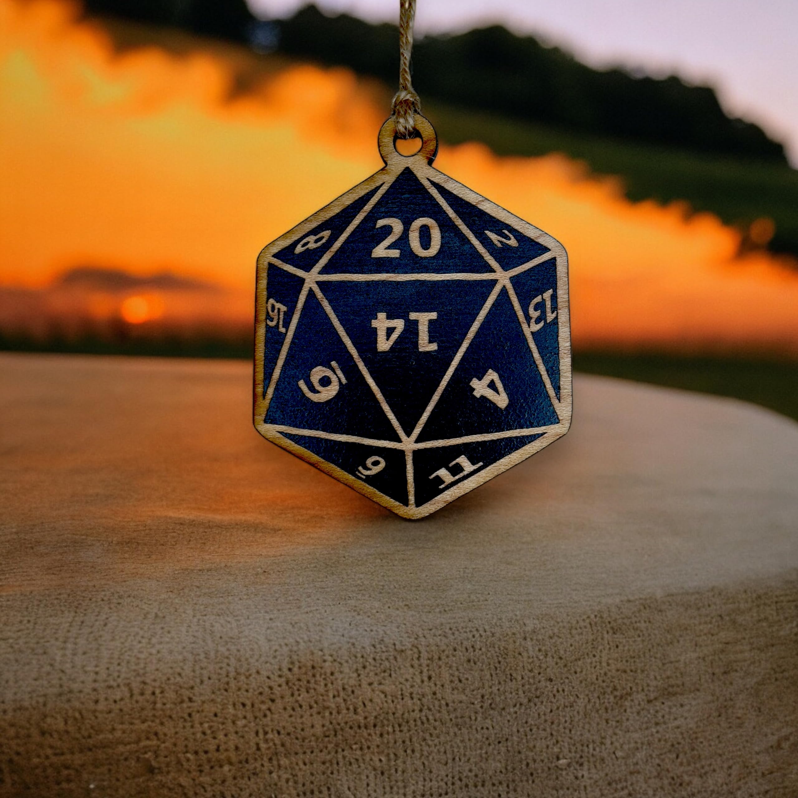 3x3 inch ornament with maple 20 sided die