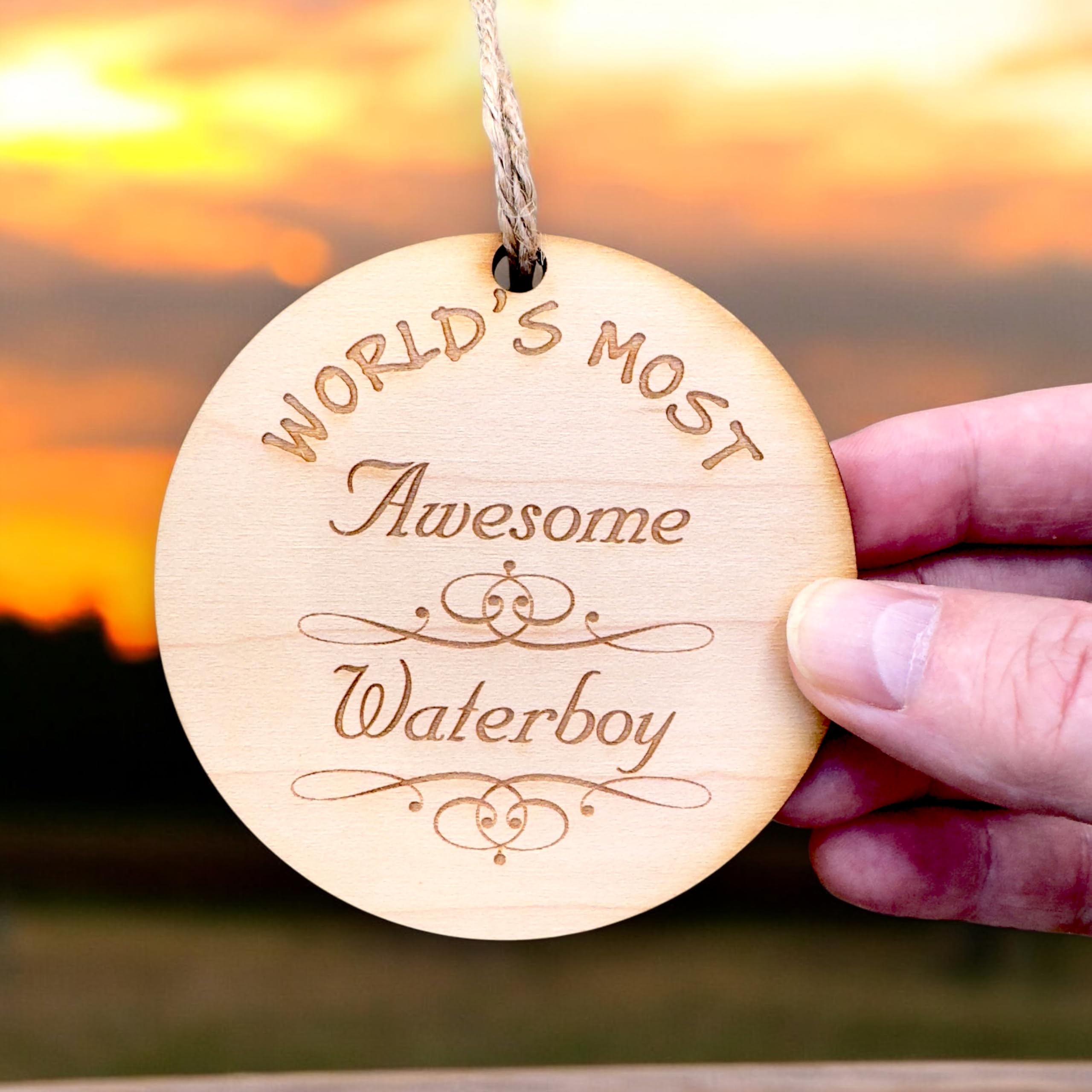 Worlds most Awesome Waterboy ornament back view maple