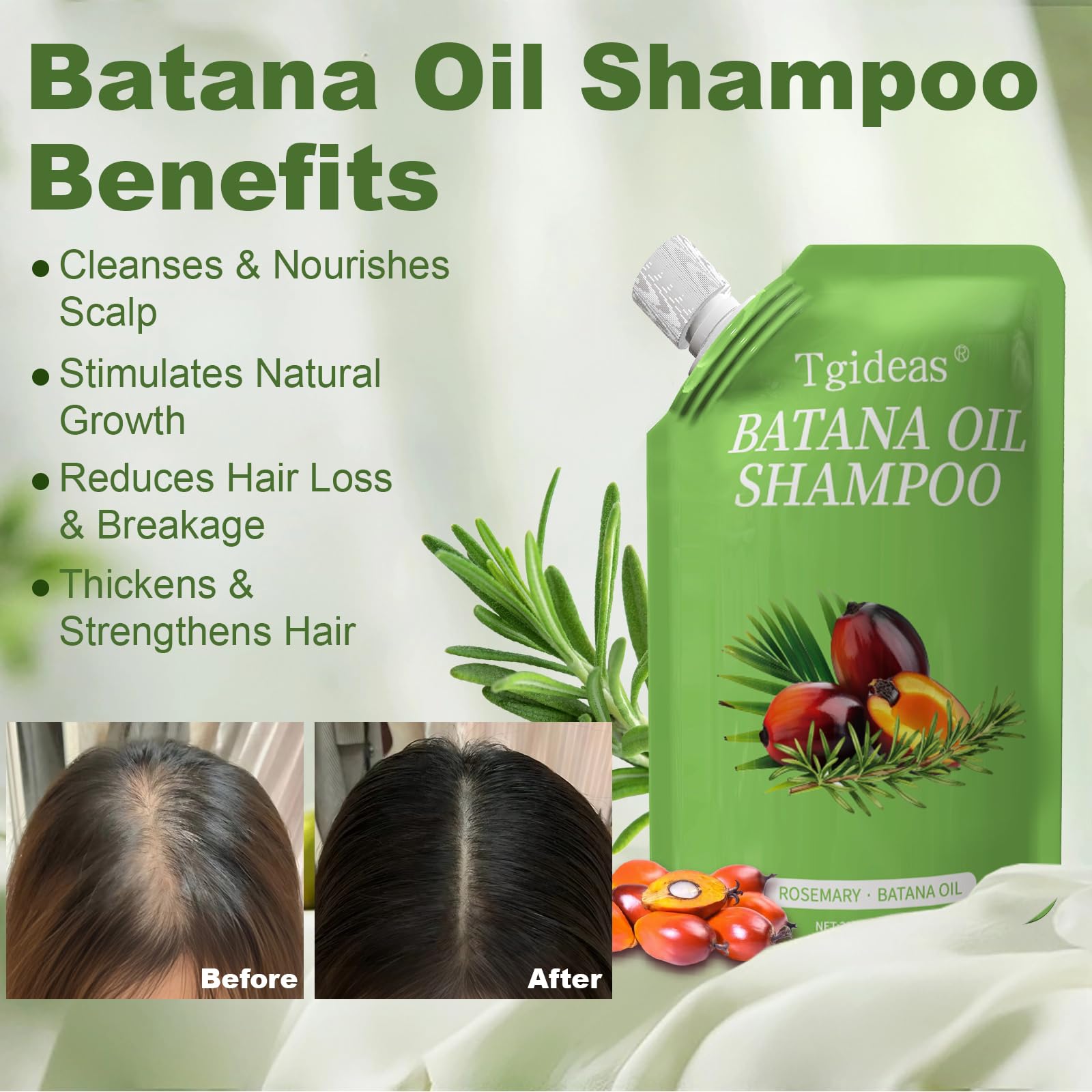 Shampoo bottle label shows Batana Oil and Rosemary