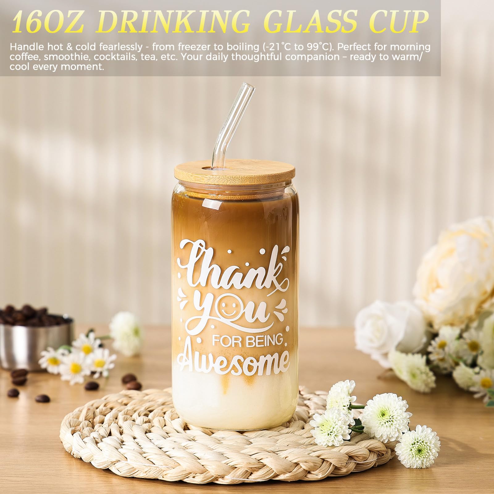 Gift set includes 9 items such as a 16oz glass cup and candle