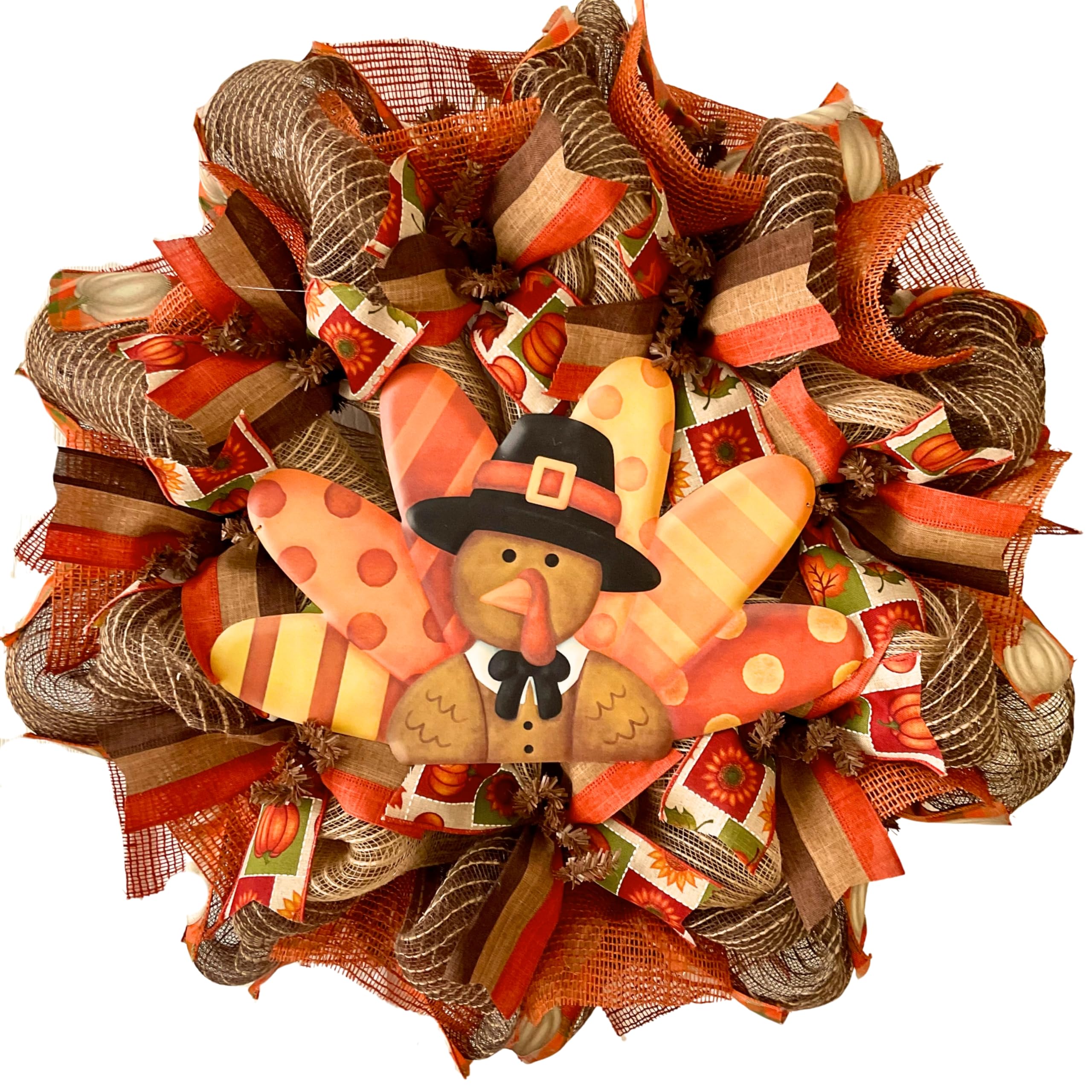 Thanksgiving Turkey Wreath 24 inch diameter with burlap deco mesh