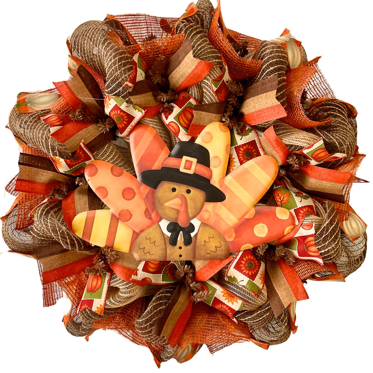 Thanksgiving Turkey Wreath 24 inch diameter with burlap deco mesh