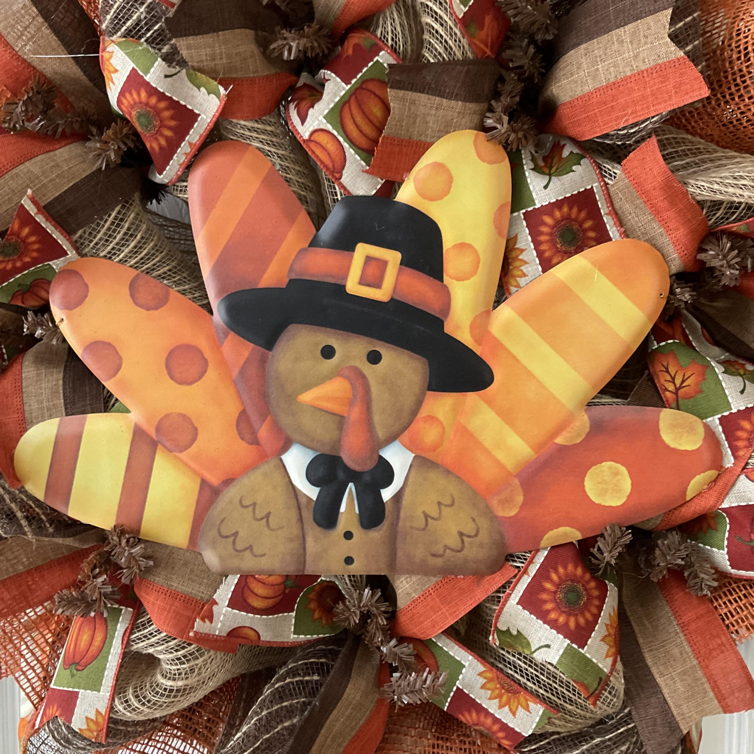 Thanksgiving Turkey Wreath 28 inch diameter with metal turkey centerpiece