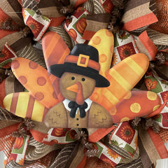 Thanksgiving Turkey Wreath 28 inch diameter with metal turkey centerpiece