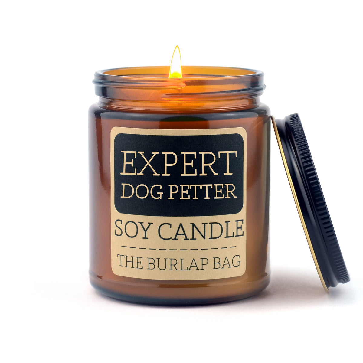 The Burlap Bag Expert Dog Petter 9oz soy candle amber glass jar with black lid