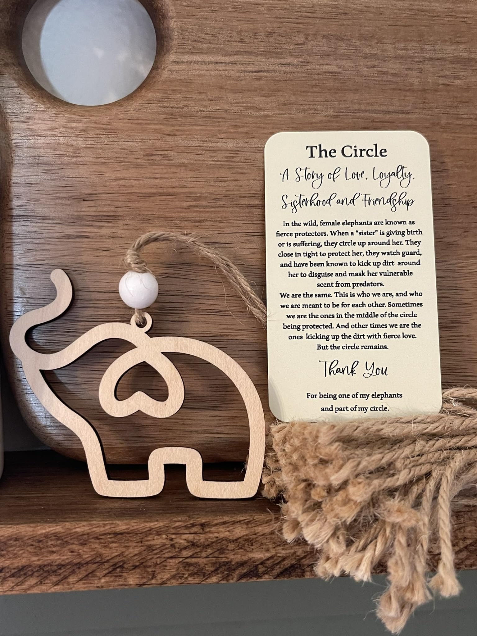 The Circle maple wood elephant ornament 3x3 inches