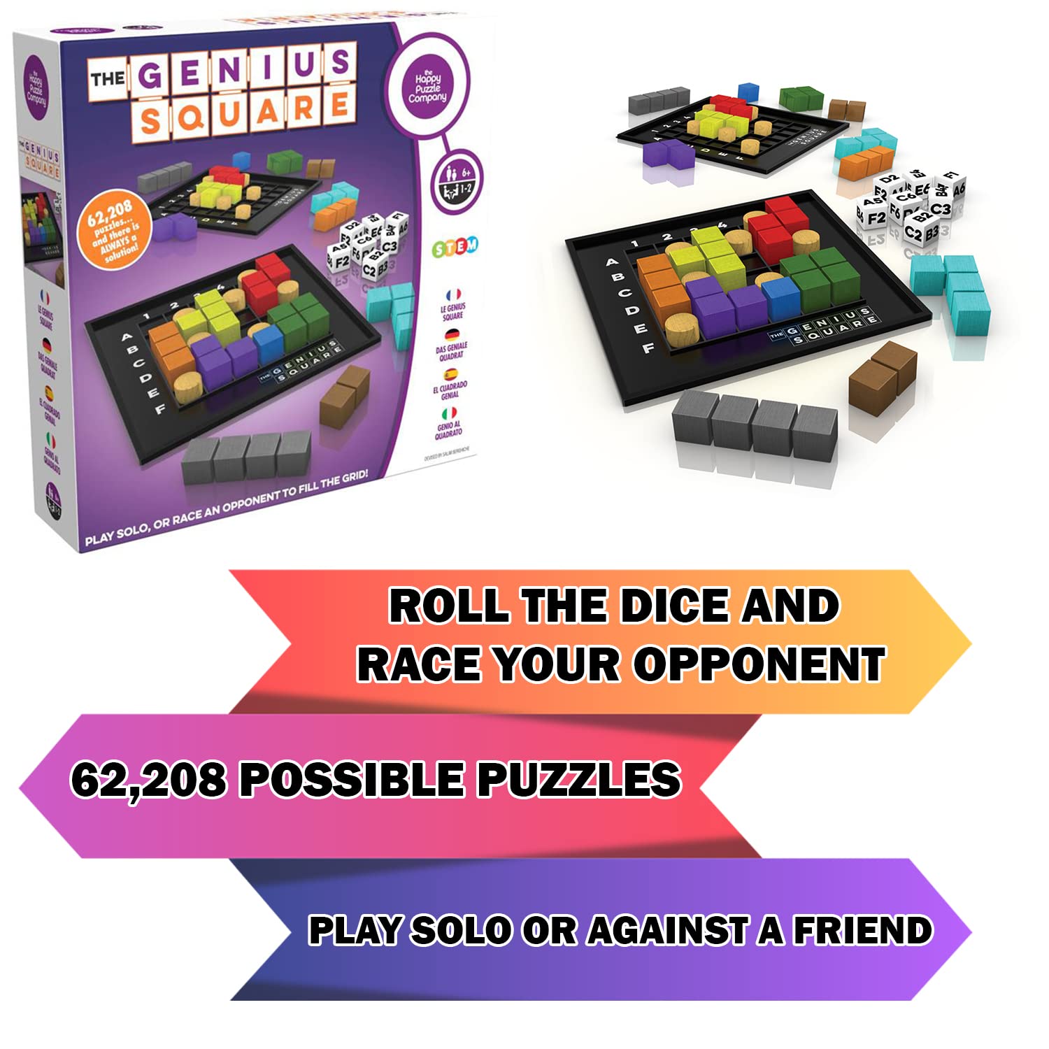 Seven colored shapes included for The Genius Square puzzle game