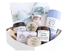 Gift box from The Little Flower Soap Co with lavender spa products