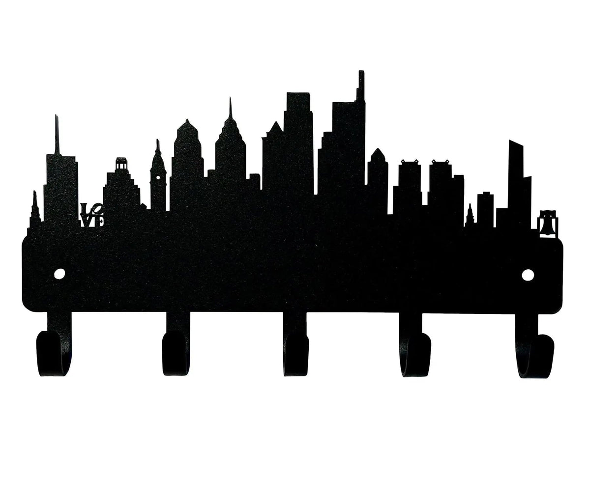 The Metal Peddler Philadelphia City Skyline Key Holder 9 inch width with 5 hooks