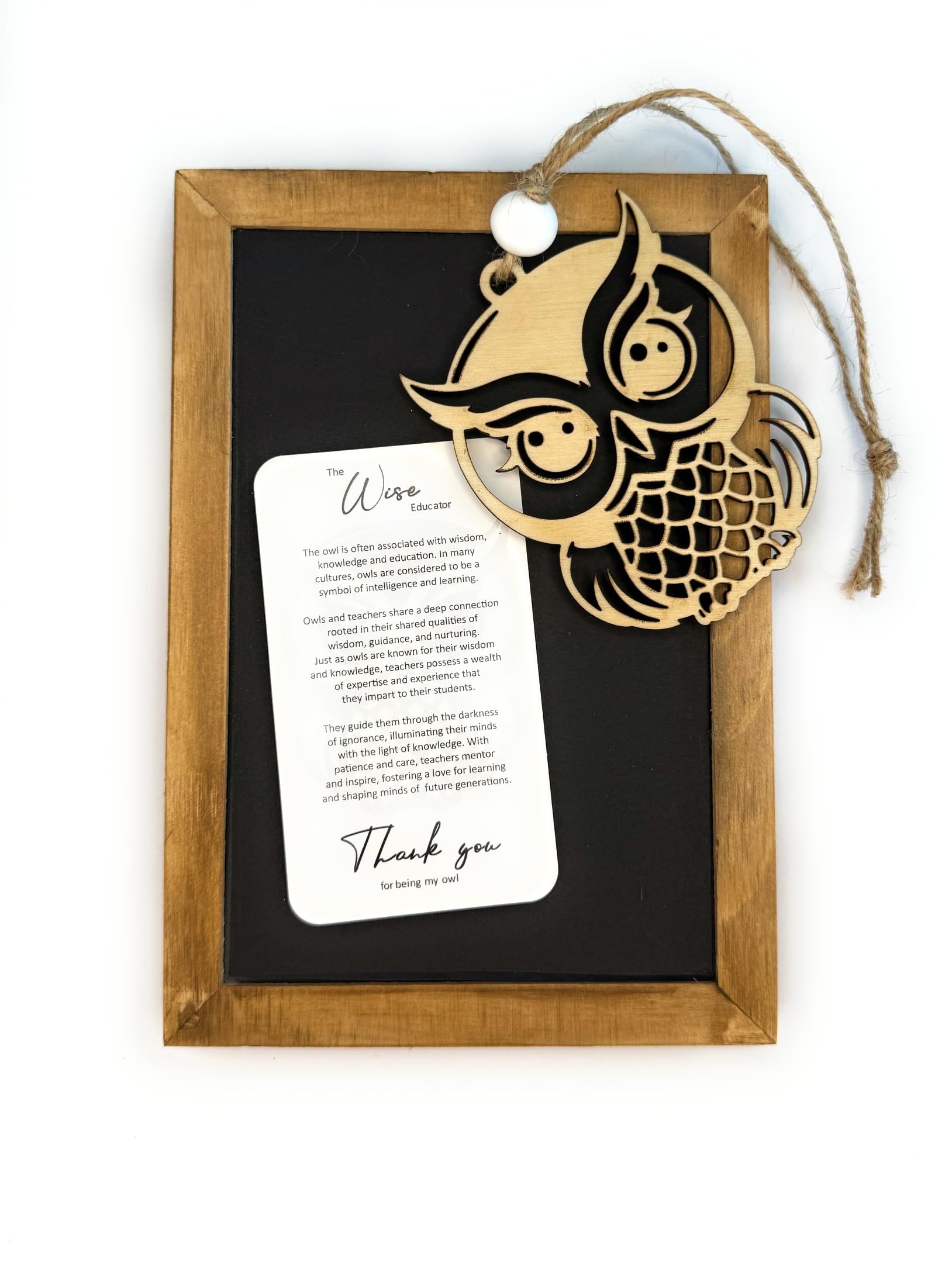 The Owl Wise Educator wooden ornament in cherry wood