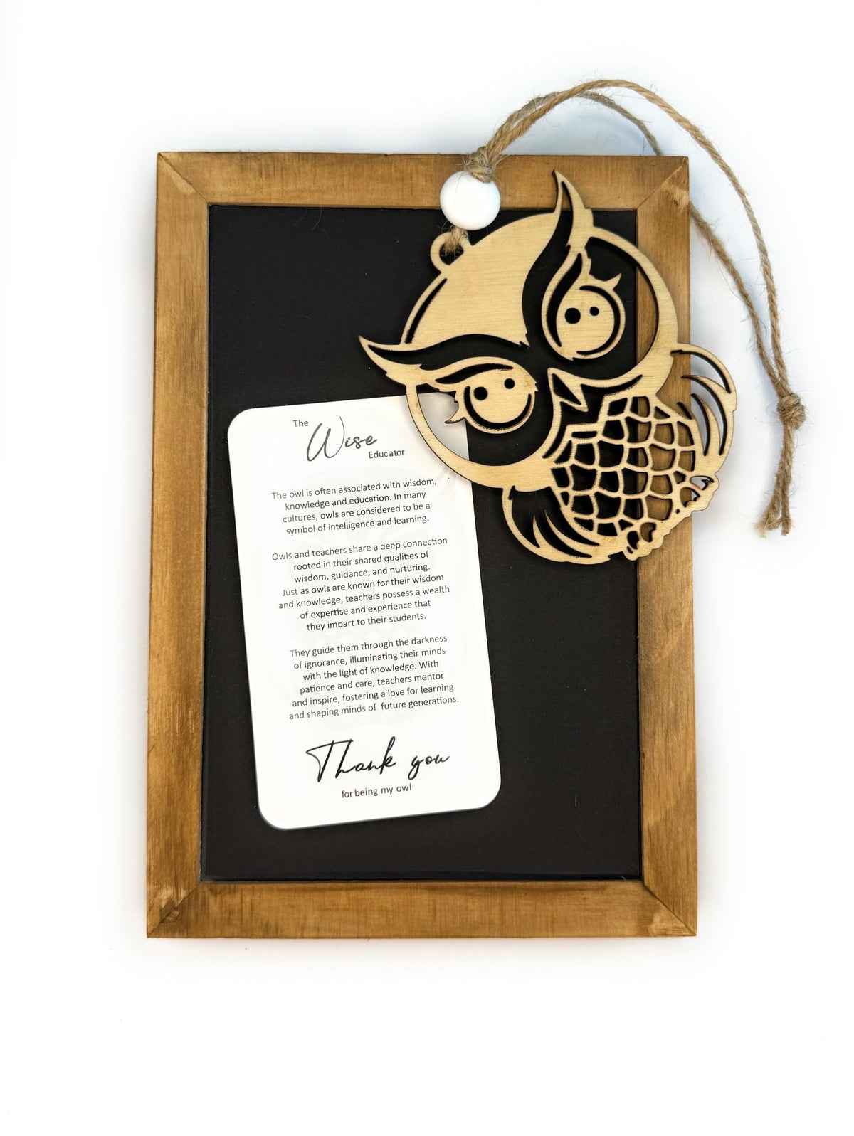 The Owl Wise Educator wooden ornament in cherry wood