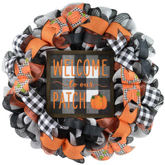The Patch wreath 24 inch round pumpkin door wreath with black and orange buffalo plaid mesh