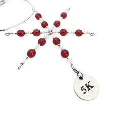 The Run Home 5K Ornament beaded snowflake with vintage red beads