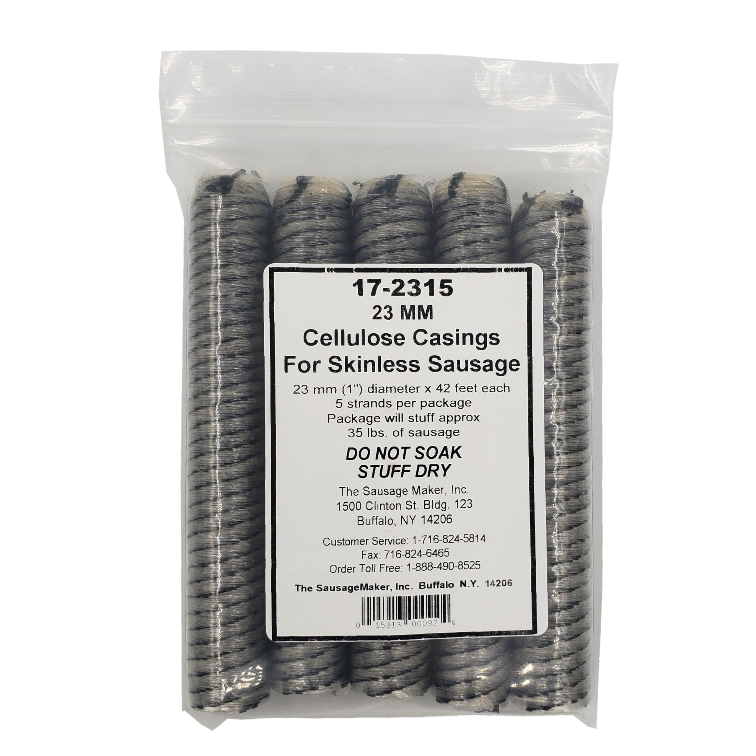 The Sausage Maker cellulose sausage casings 23mm skinless, 5 strands per package