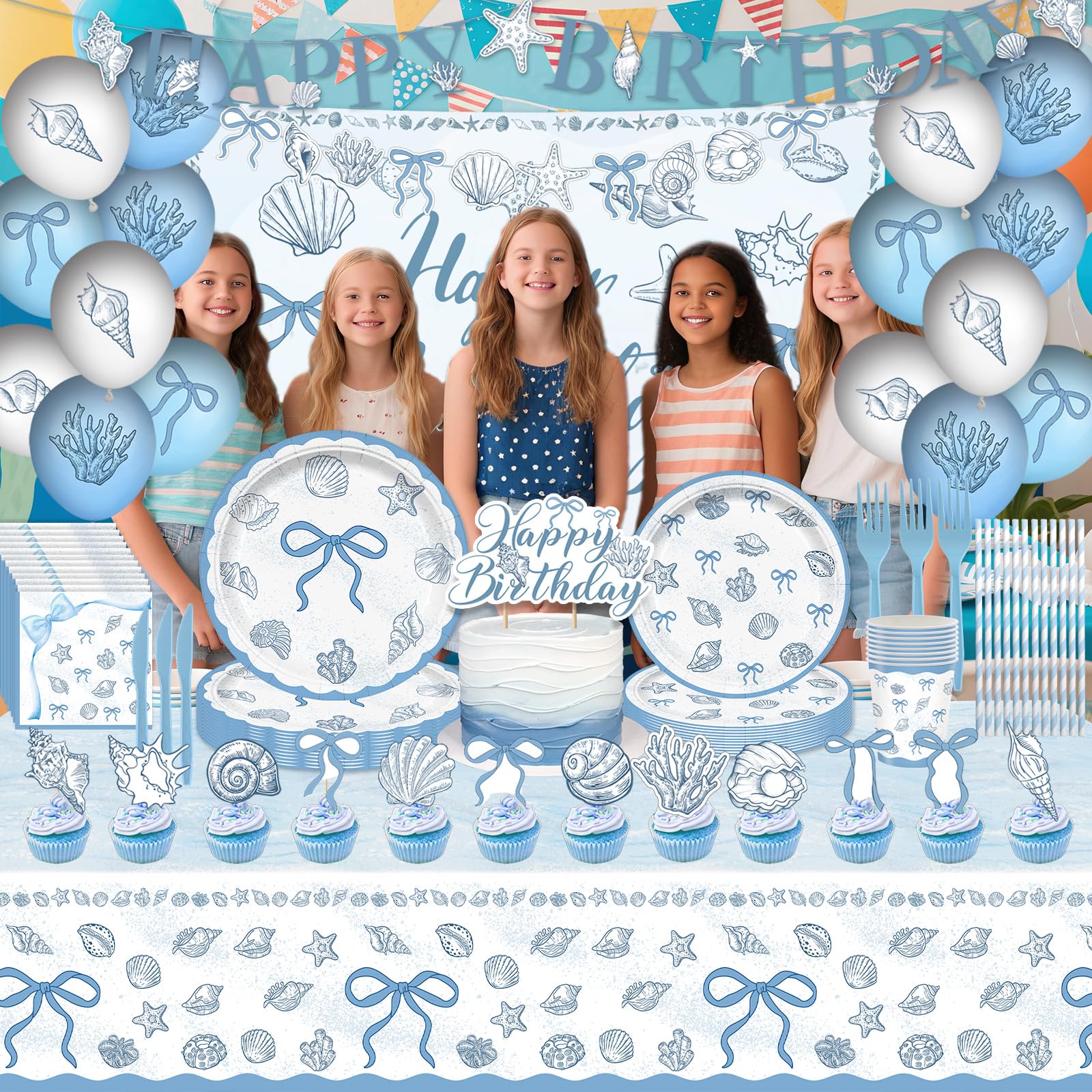 Beach banners seashell balloons and coastal design elements