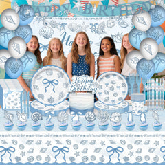 Beach banners seashell balloons and coastal design elements
