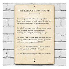 the tale of two wolves wall decor 12x18 durable metal sign