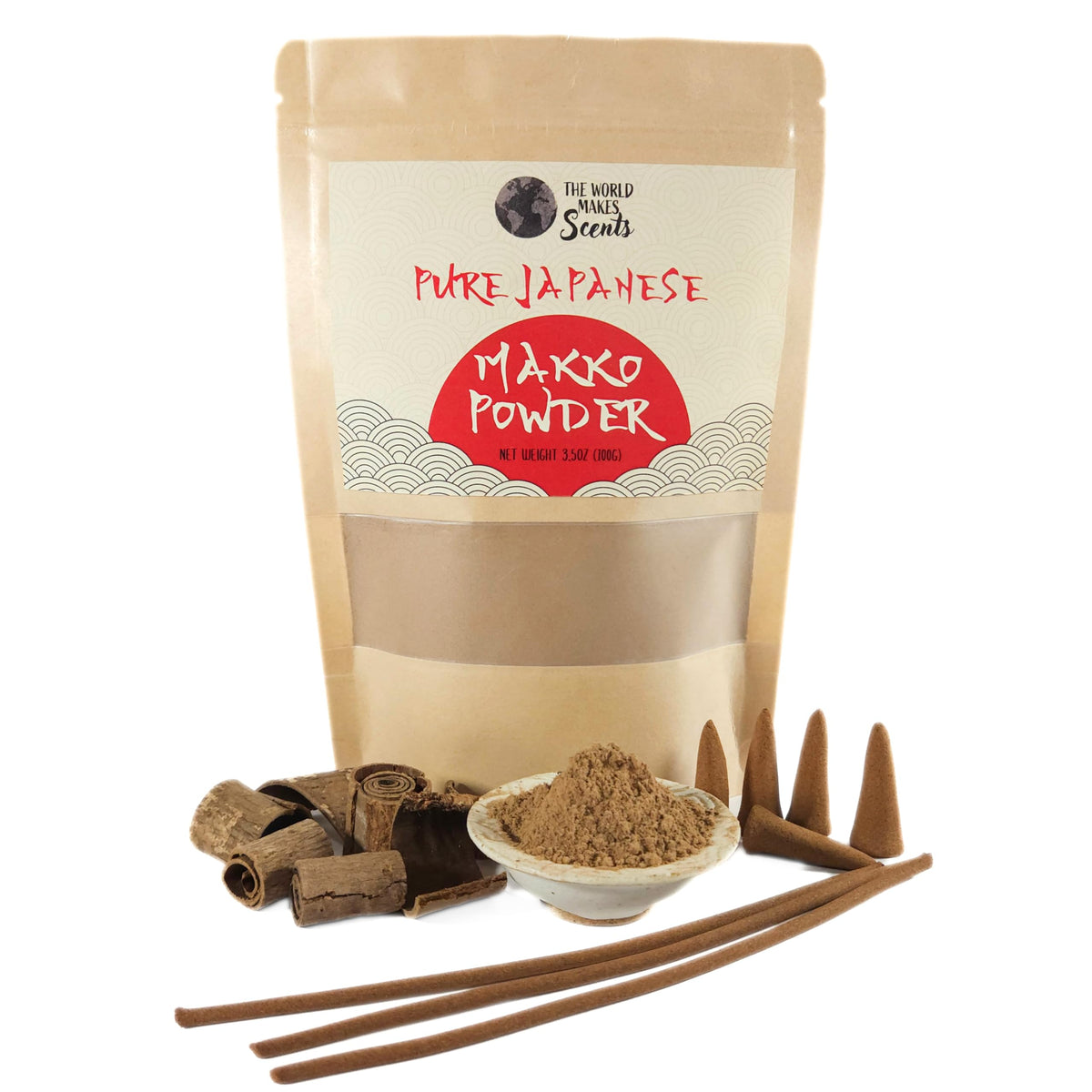 The World Makes Scents Makko Powder packaging 3.5oz tabunoki bag
