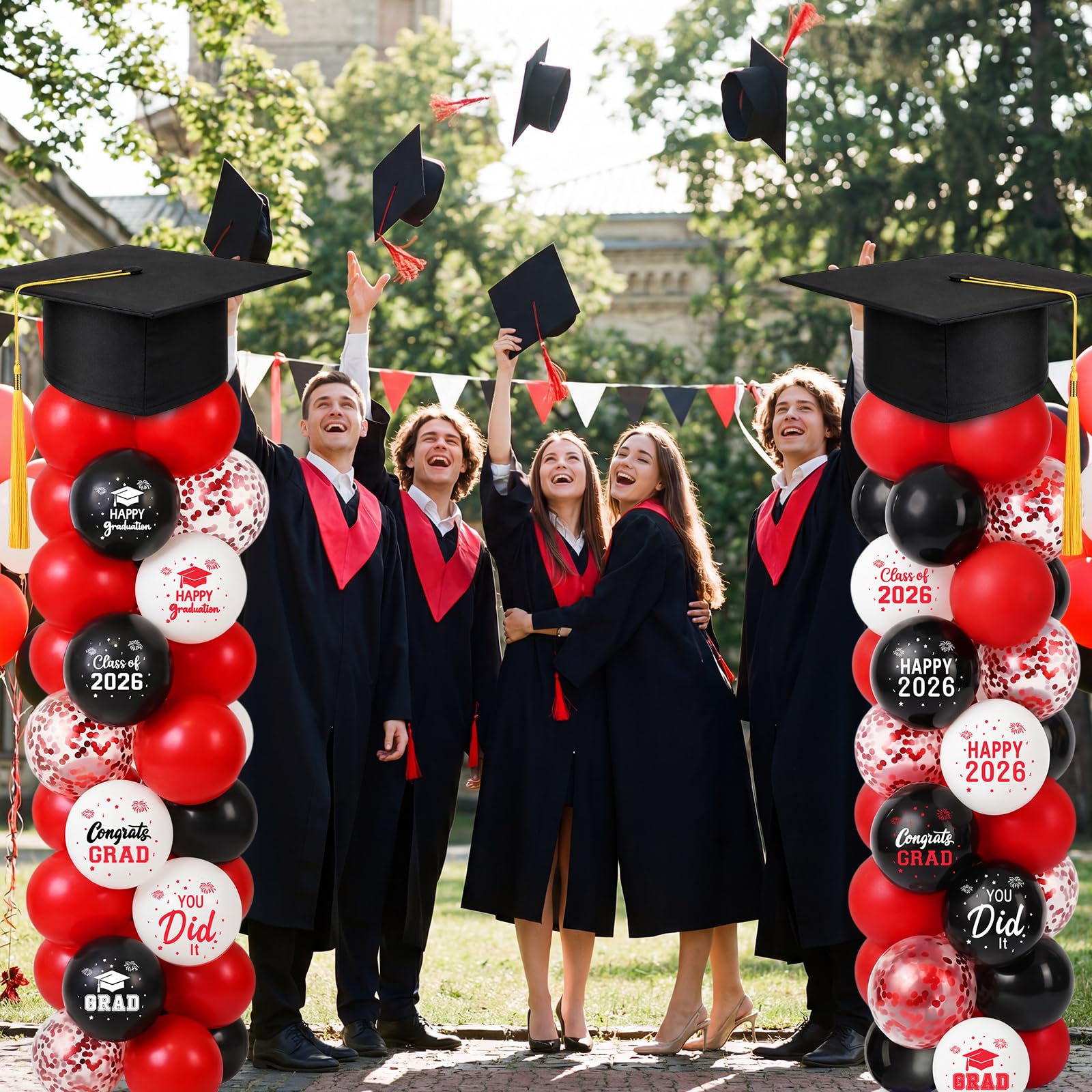 50 red balloons 30 black balloons and 8 clear confetti balloons