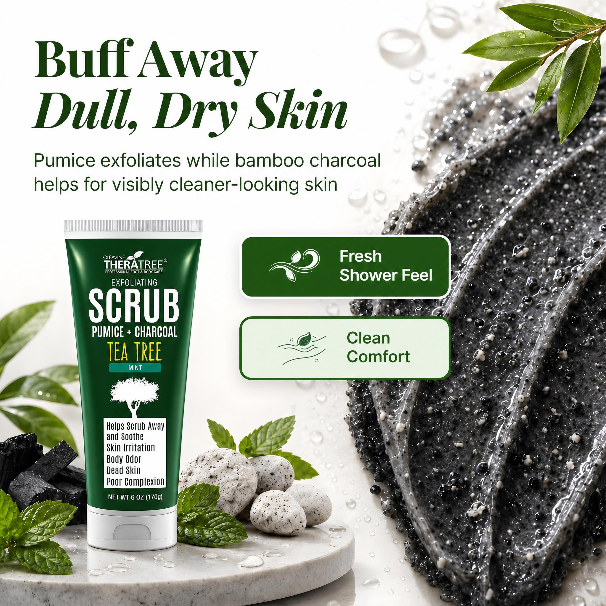 Charcoal and pumice exfoliation for cleansing in TheraTree scrub
