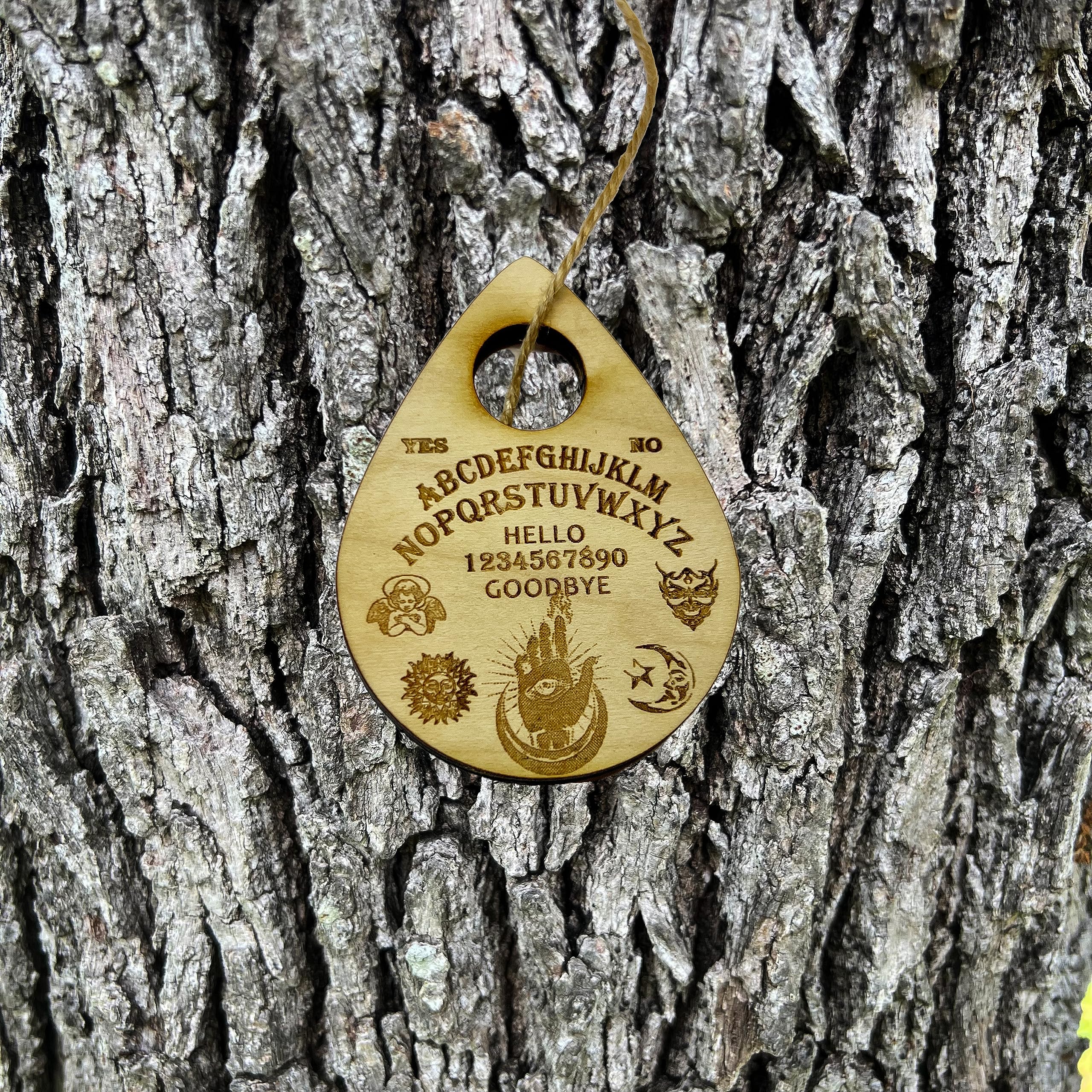Close up of 1/4 inch Thick Spirit Board ornament
