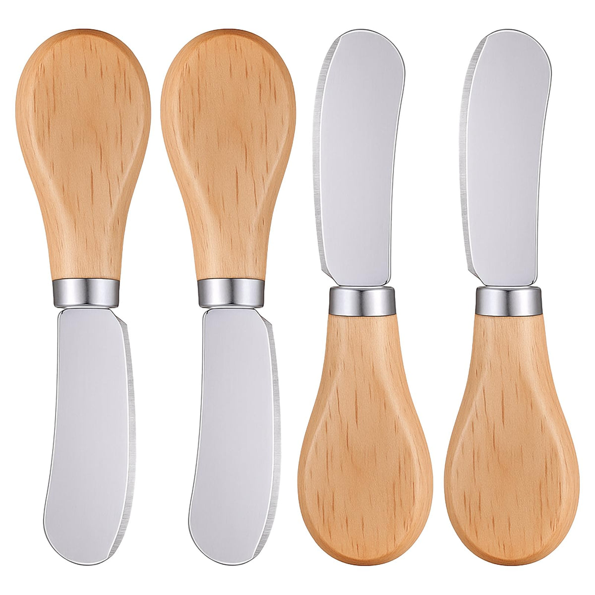 Thinp four piece cheese spreader knives with silver stainless steel blades and wooden handles