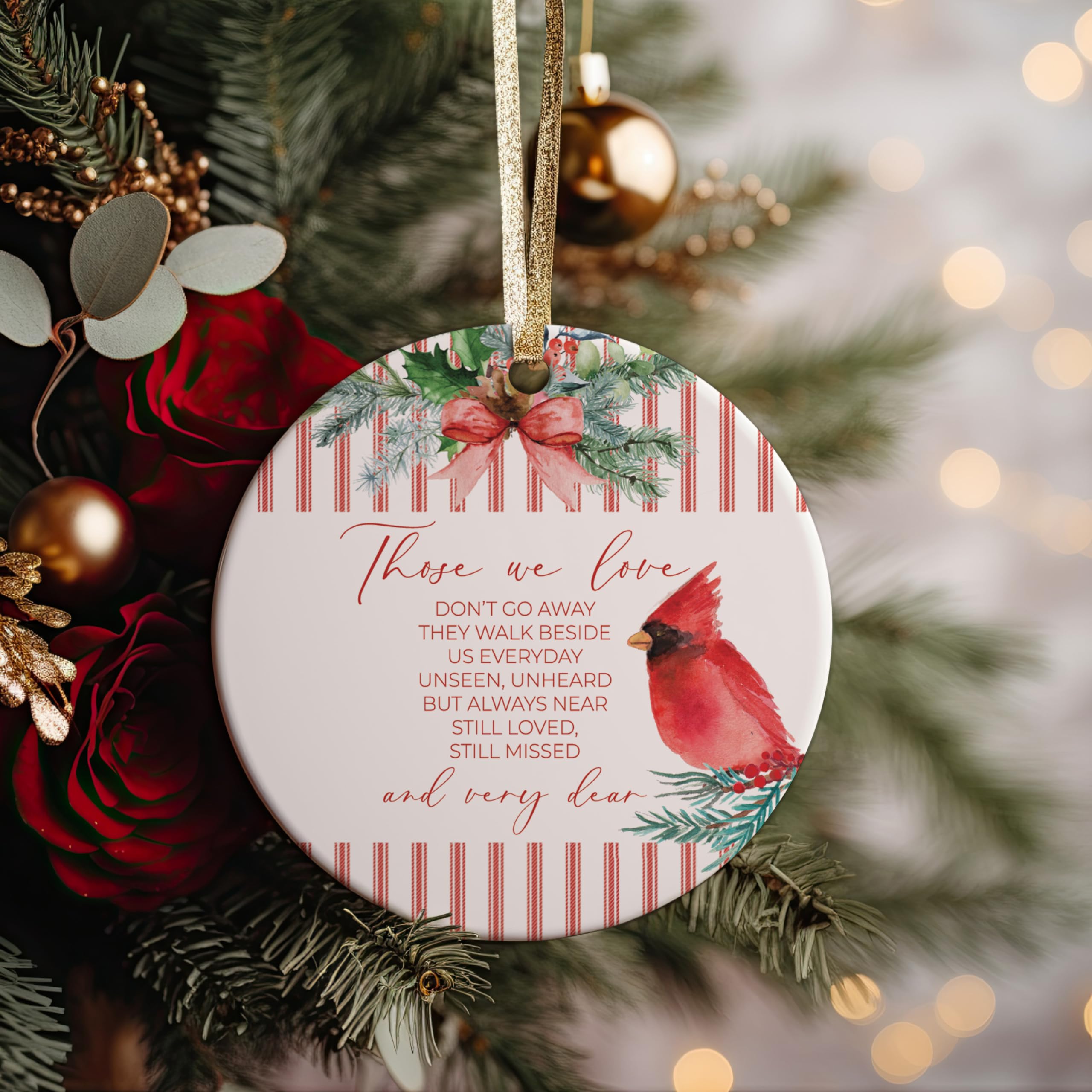 Those We Love Don't Go Away ornament with red cardinal motif