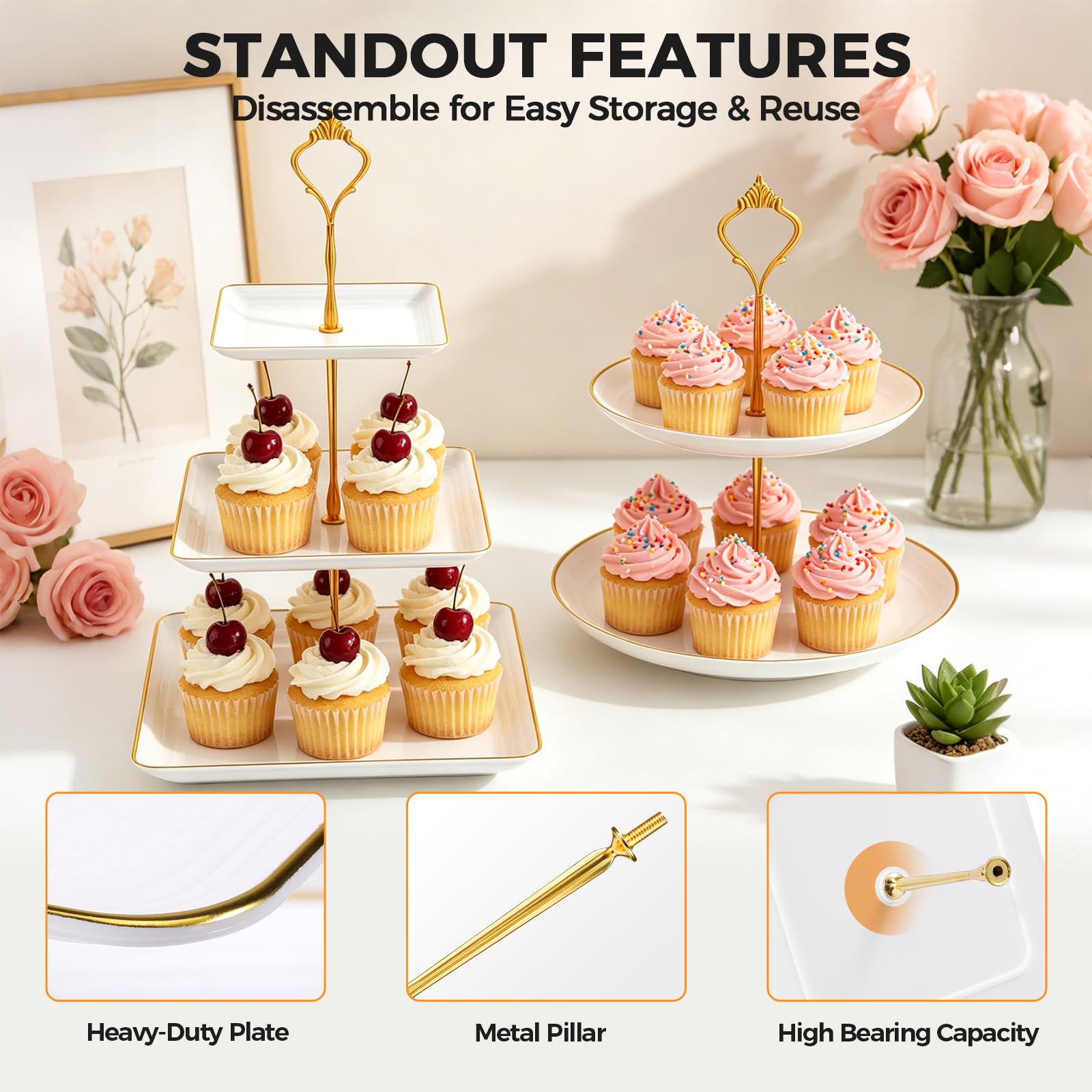 Three 2-tier round stands with gold rods