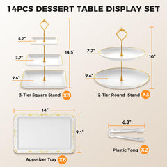 Three 3-tier square stands with white finish and gold accents