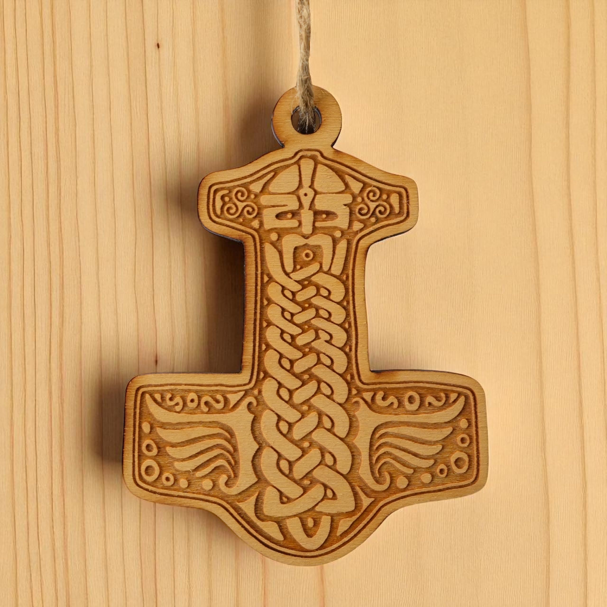 Ornament Mjölnir maple wood closeup for display