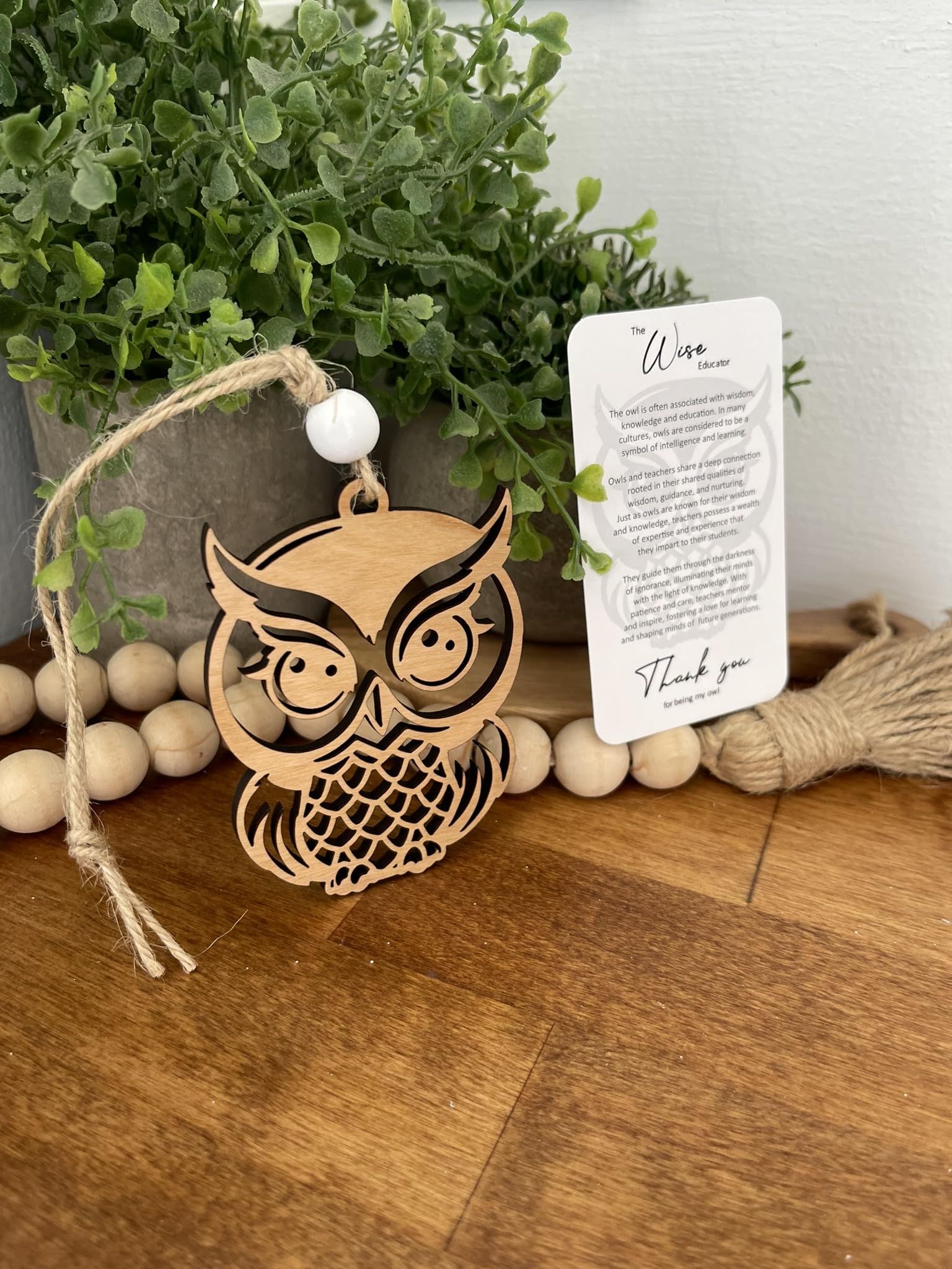 Owl wooden ornament packaged with cotton bag