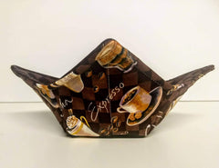 Three pack bowl cozy image showing Coffee Expresso Mocha fabric