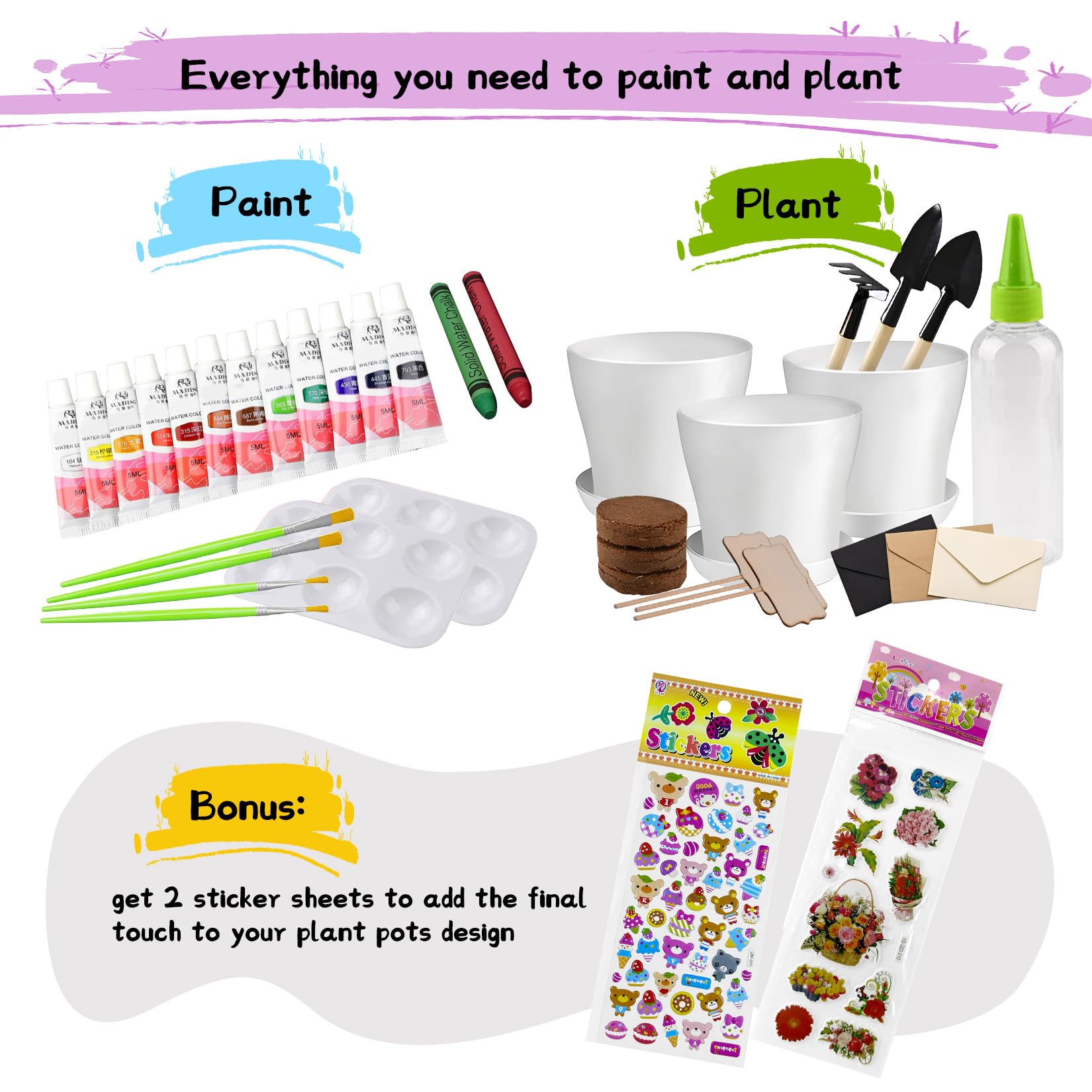 Three pots with trays from Paint and Plant kit