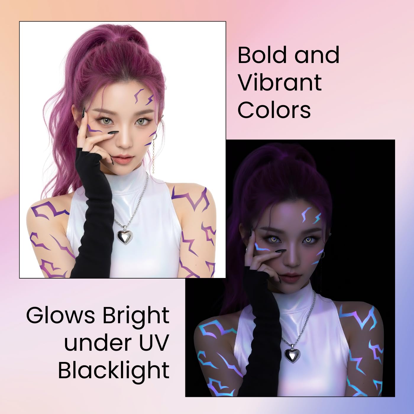 UV activated neon tattoos under blacklight for parties