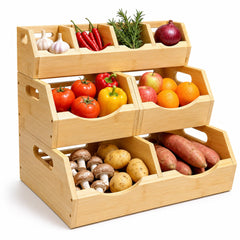 Three-tier bamboo pantry storage bin top layer with 4 divided compartments