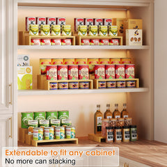 Adjustable cabinet can organizer showing bamboo construction