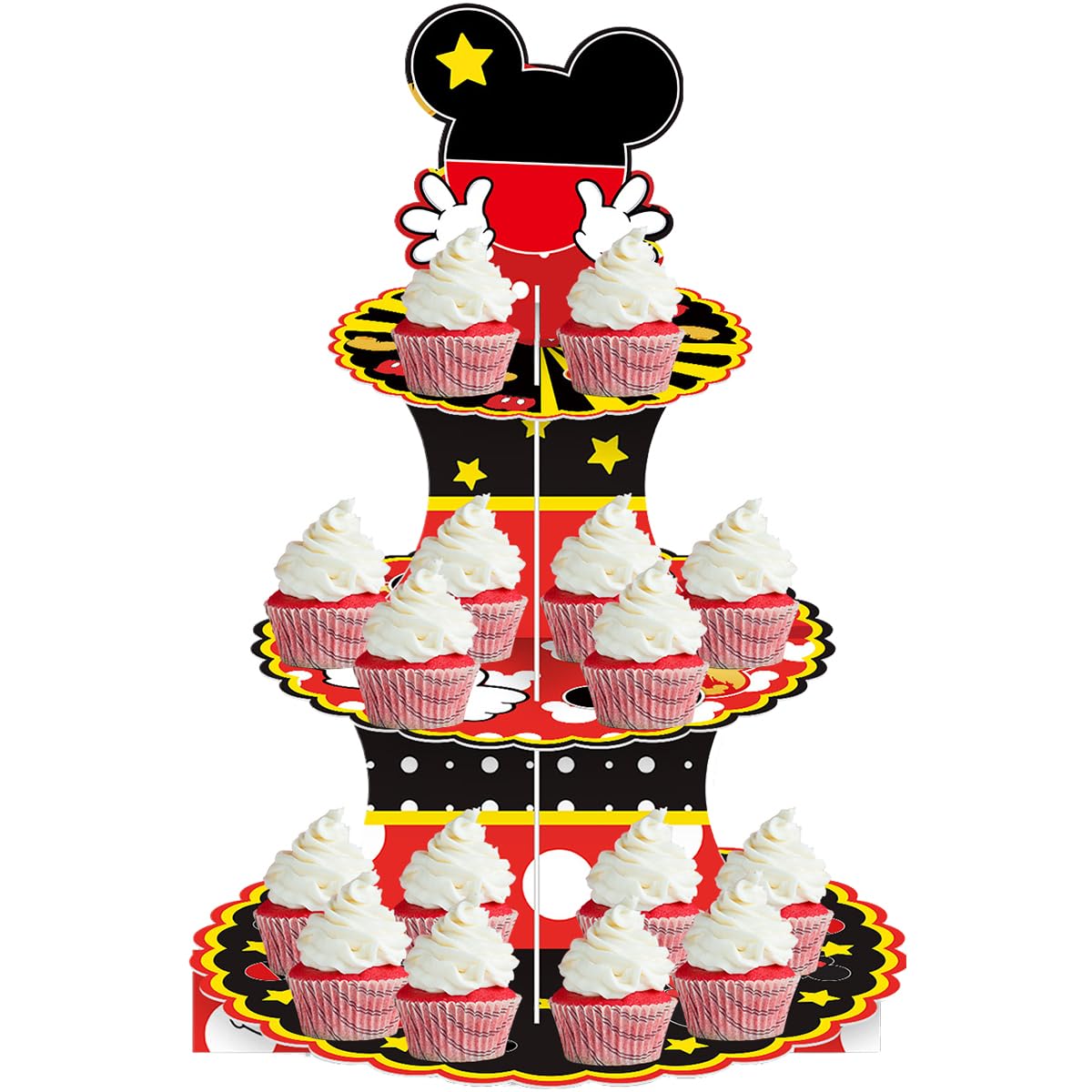 three-tier cartoon mouse themed cupcake stand in black and red