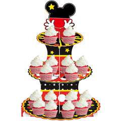 three-tier cartoon mouse themed cupcake stand in black and red