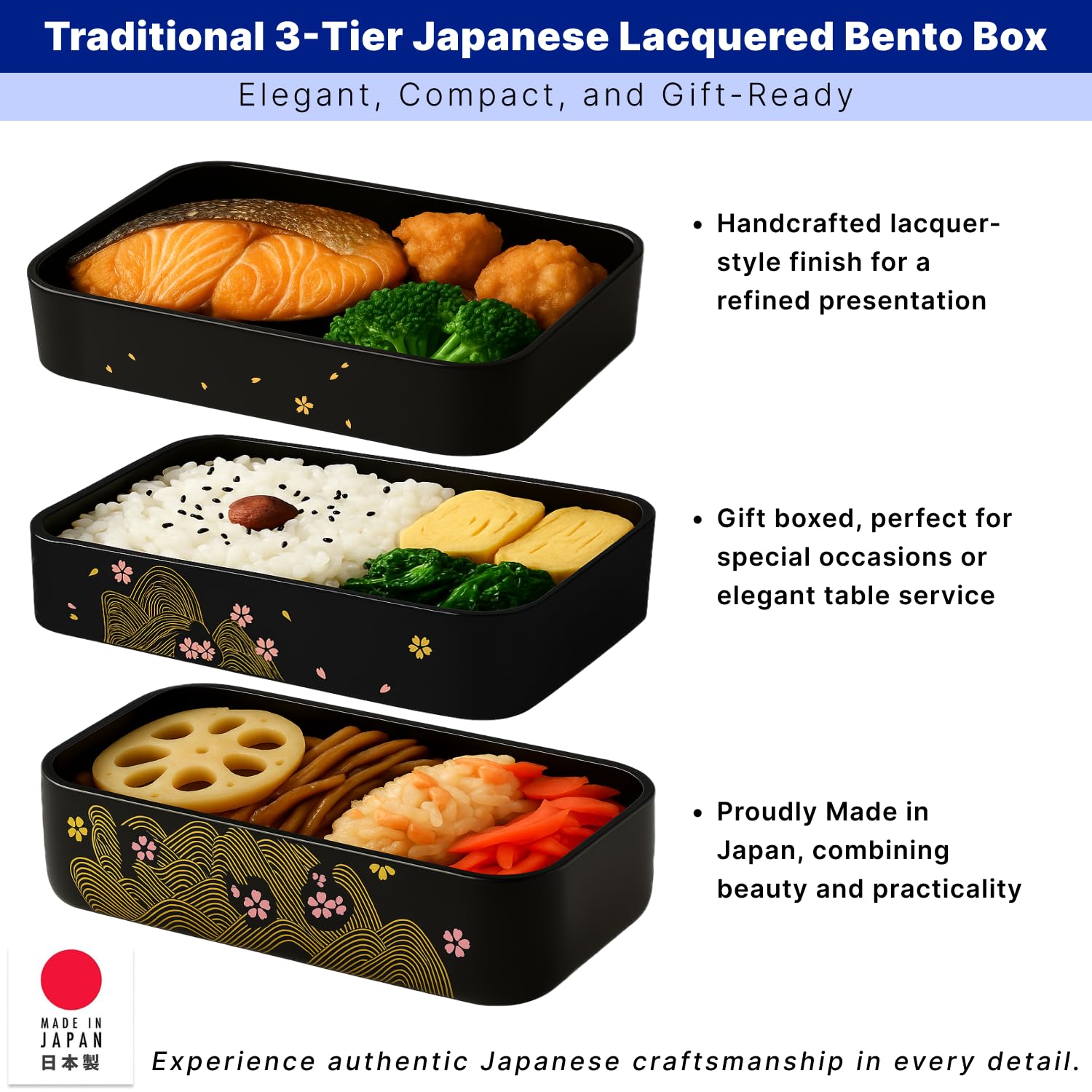 Three-tier bento with chopsticks and belt carry