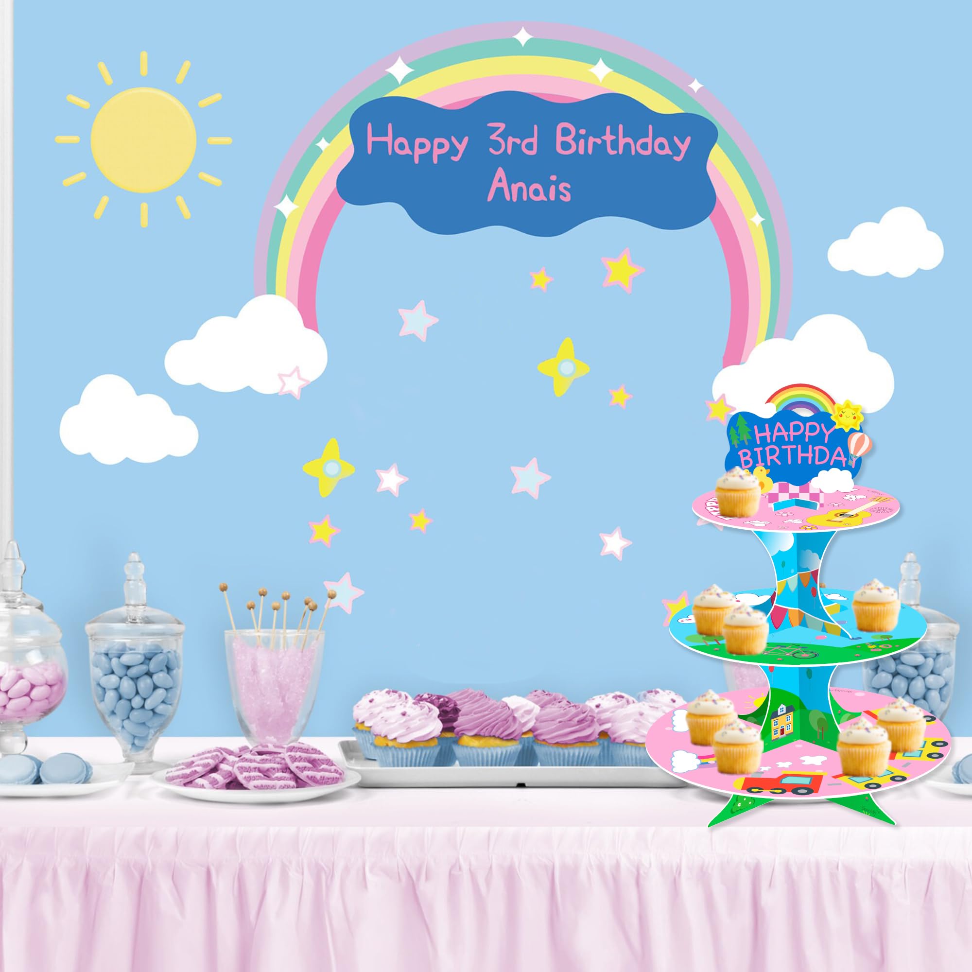 Three-tier cupcake stand for birthday celebrations