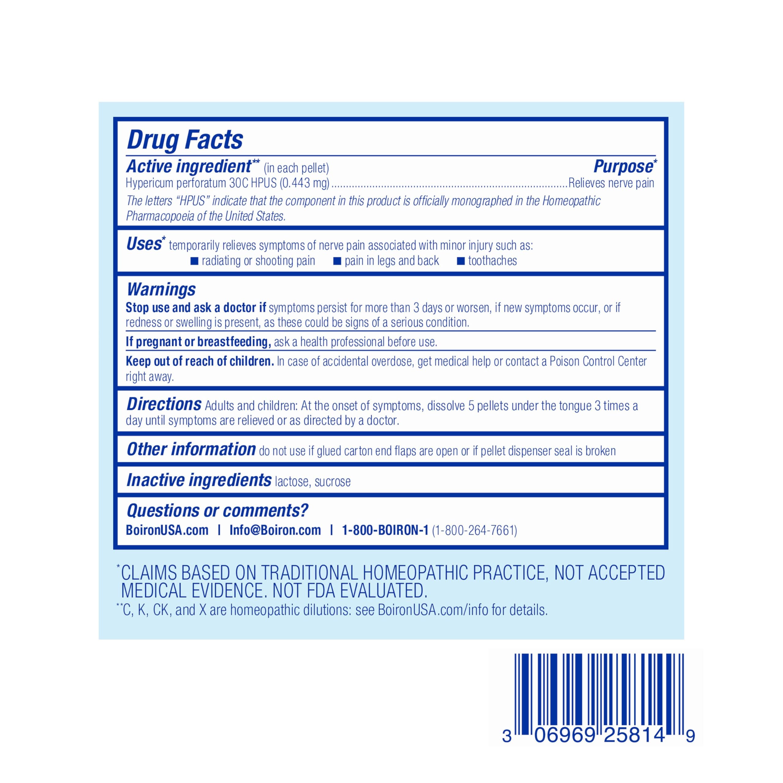 Three dispensing tubes containing 240 pellets Boiron Hypericum 30C