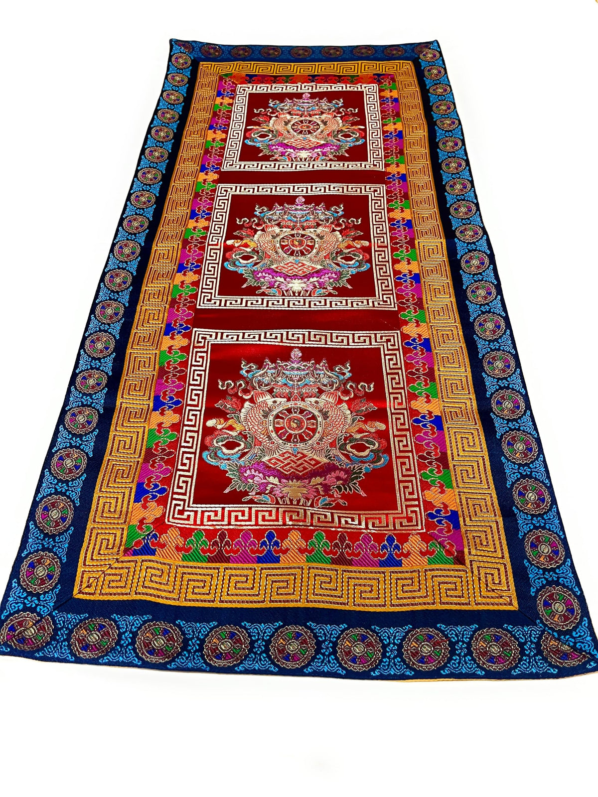 Tibetan silk brocade table runner handmade in Nepal with eight auspicious symbols