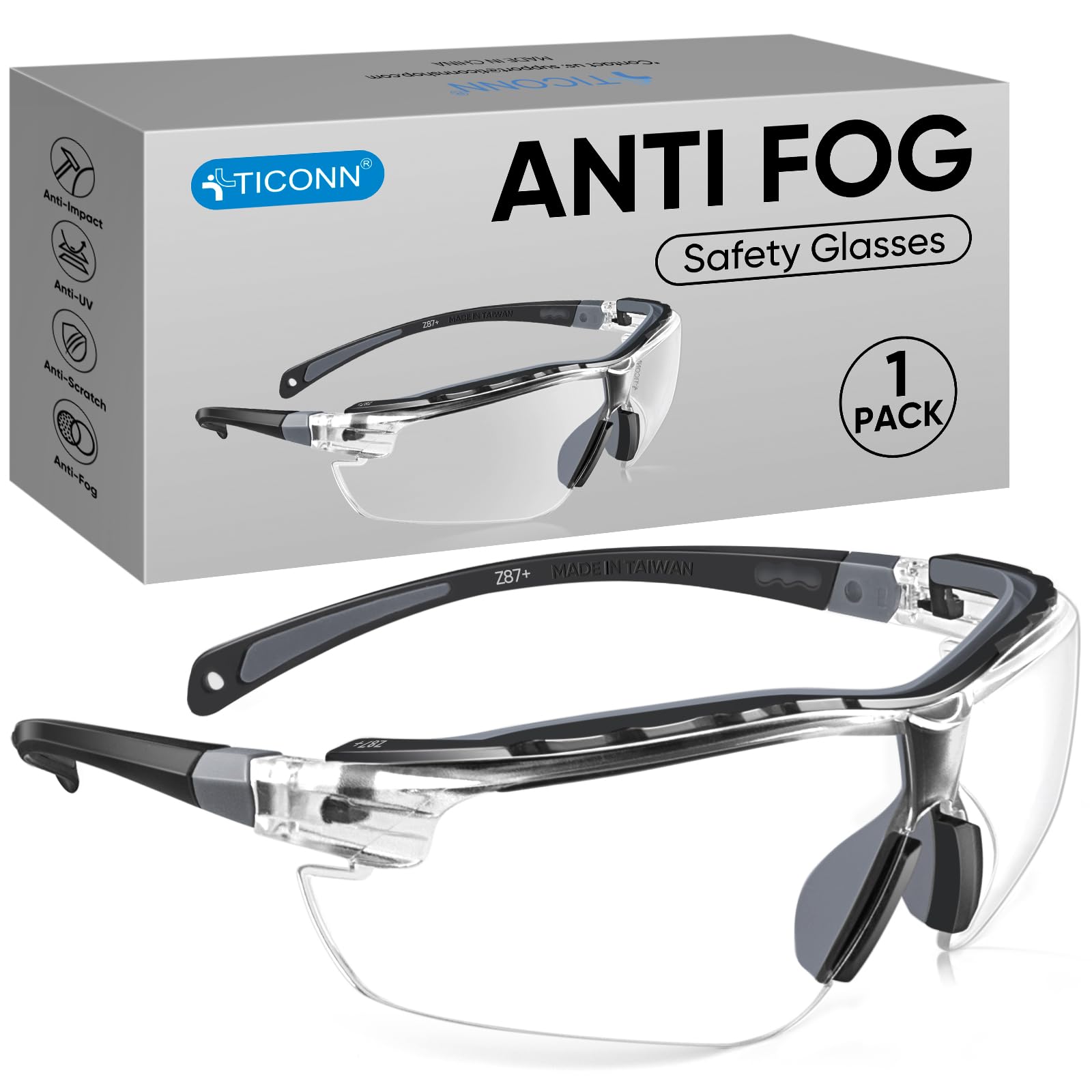 TICONN 1PK anti-fog safety glasses unisex wraparound