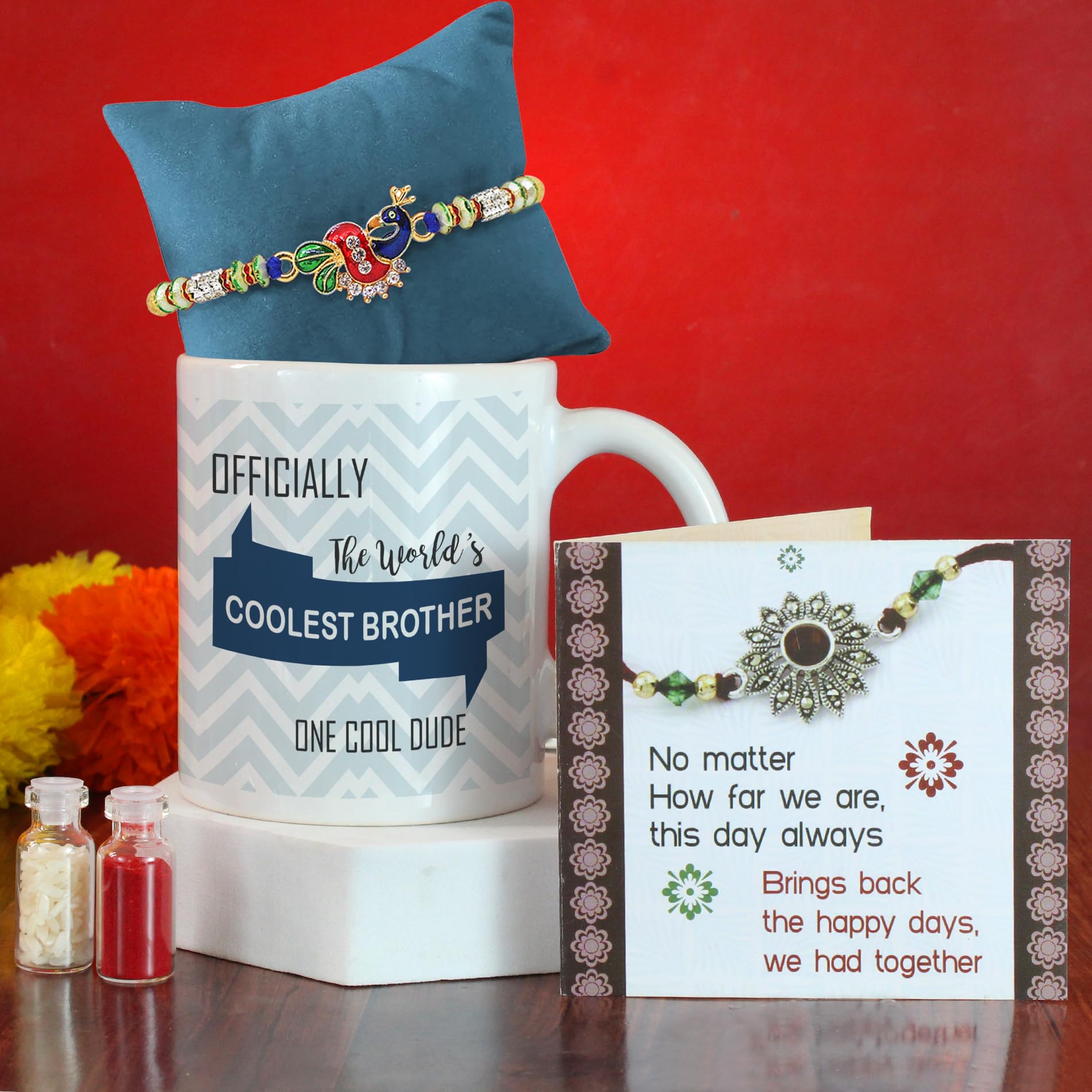 Gift set with coffee mug 10 Oz and rakhi card