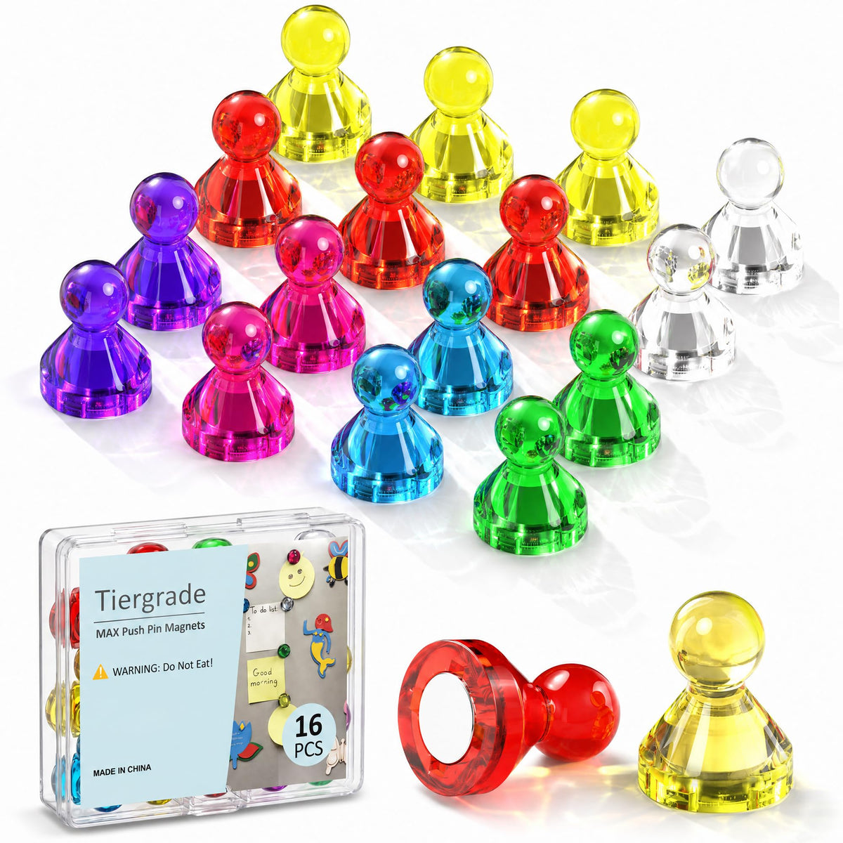 Tiergrade MAX Push Pin Magnets 16 pack assorted colors on fridge