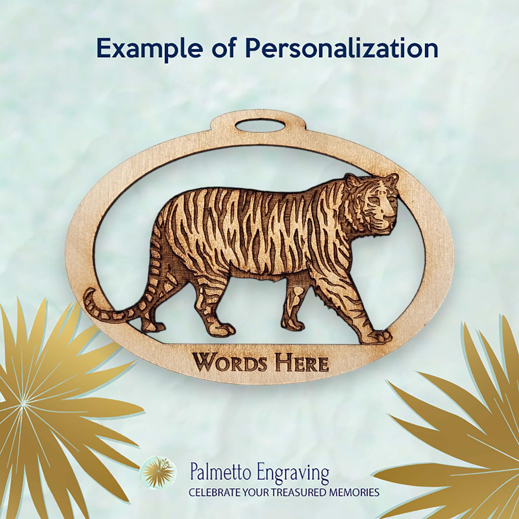 Tiger Christmas Tree Ornament size 3.6 by 2.5 inches with natural birch wood