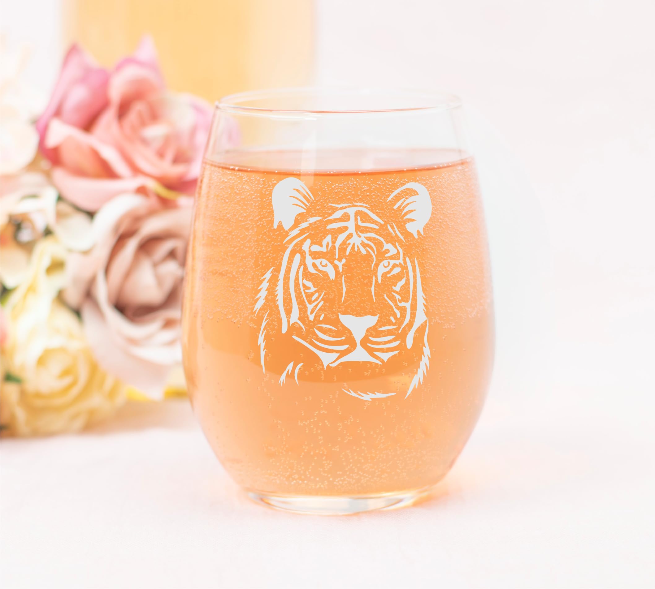 tiger motif stemless wine glass engraving detail