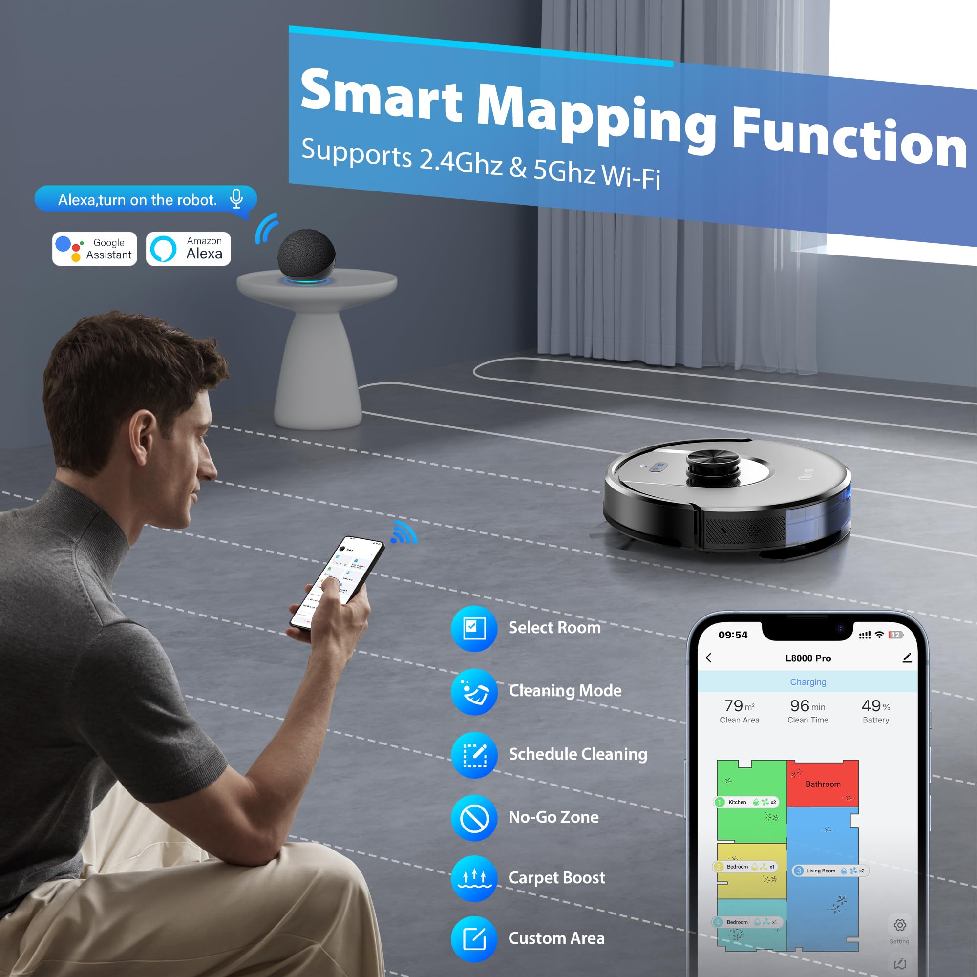 Robot vacuum operates quietly at 45dB