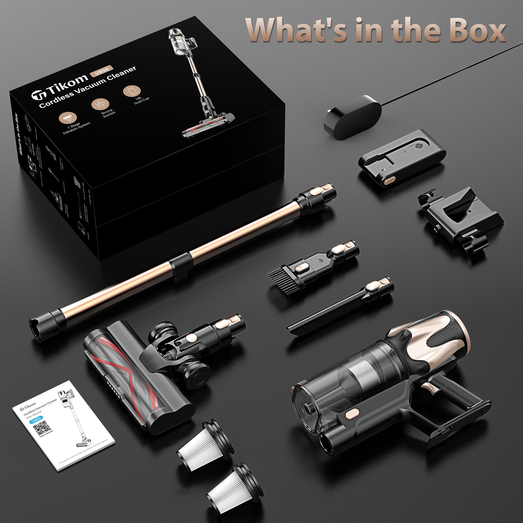 6 in 1 accessories with Tikom V850 cordless vacuum