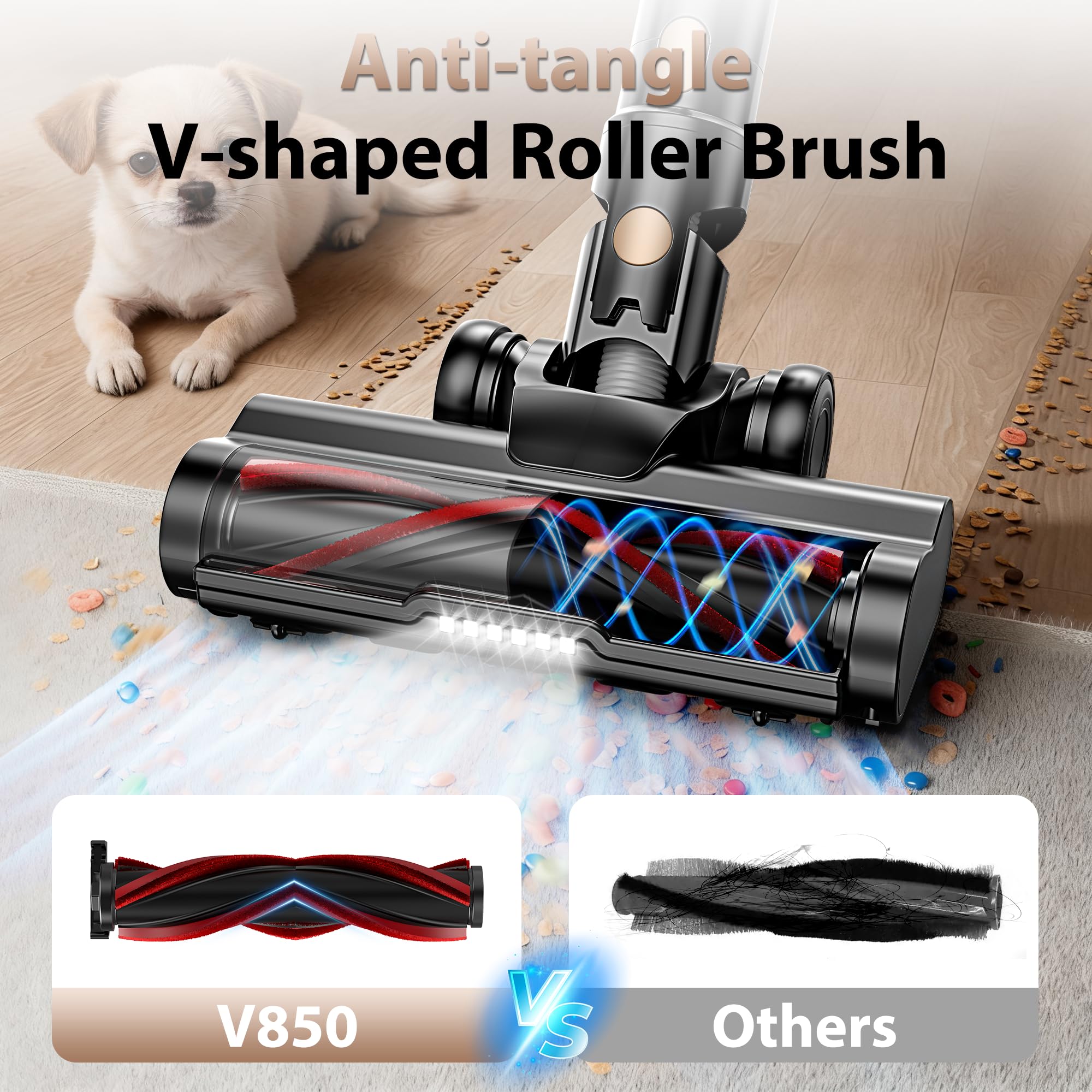 Anti-tangle V-shaped roller brush on Tikom V850